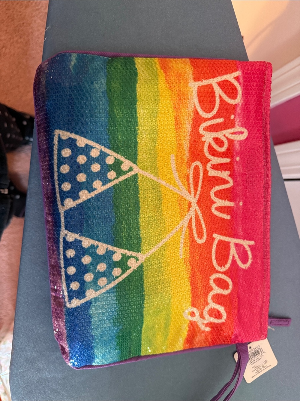 3C4G Rainbow Sequin zip Bag with Purple Trim